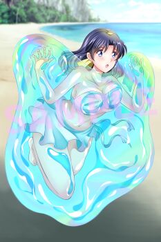 1girl 7c09czug1vp597b absurdres bare_shoulders barefoot beach breasts cleavage cloud commission day full_body highres large_breasts long_hair lunar lunar:_the_silver_star mia_ausa navel ocean open_mouth outdoors sand slime_(creature) slime_(substance) solo swimsuit