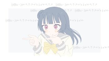 1girl blue_hair blush bow bowtie closed_mouth command_input commentary_request danmaku_comments double_finger_gun emoticon expressionless finger_gun grey_background grey_sailor_collar hair_bun highres kaomoji long_sleeves love_live! love_live!_sunshine!! meme_request o_to_mo pale_color pink_eyes sailor_collar school_uniform serafuku shirt single_side_bun solo sparkling_daydream tsushima_yoshiko uranohoshi_school_uniform white_shirt winter_uniform yellow_bow yellow_bowtie