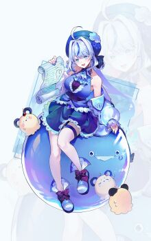 1girl 46_coffee ahoge aokumo_rin ascot bare_shoulders blue_dress blue_gem blue_hair blue_hat blue_nails bow bowtie breasts center_frills collarbone dress frilled_dress frills full_body gem hat highres holding holding_paper jacket jacket_partially_removed kurimi large_breasts long_hair multicolored_hair open_mouth paper red_bow red_bowtie reflection shoes sitting sleeveless sleeveless_dress stellive streaked_hair thigh_strap virtual_youtuber white_ascot white_hair white_jacket white_shoes