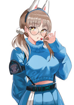 Rule 34 | 1girl, absurdres, animal ear hairband, animal ears, arm behind back, black-framed eyewear, blue archive, blue skirt, blue sweater, blush, breasts, brown hair, candy, chinese commentary, commentary, cropped sweater, fake animal ears, food, glasses, hair ornament, hairband, hand up, highres, holding, holding candy, holding food, holding lollipop, kami no kotsuki, large breasts, lollipop, long hair, long sleeves, midriff peek, moe (blue archive), parted lips, pleated skirt, pom pom (clothes), pom pom hair ornament, puffy long sleeves, puffy sleeves, rabbit ear hairband, rabbit ears, round eyewear, simple background, skirt, solo, sweater, turtleneck, turtleneck sweater, twintails, white background, yellow eyes