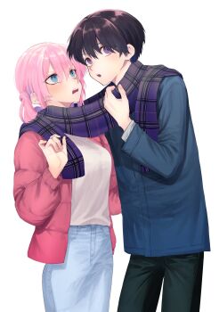 1boy 1girl black_hair blue_eyes blue_jacket blush breasts commentary_request couple denim denim_skirt fingernails grey_pants hair_between_eyes hetero highres izumi_yuuki_(kawaii_dake_ja_nai) jacket kawaii_dake_ja_nai_shikimori-san long_hair long_sleeves looking_at_another looking_at_viewer maki_keigo open_mouth pants pink_hair purple_eyes purple_scarf red_jacket scarf sharing shikimori_miyako shirt short_hair simple_background skirt standing white_background white_shirt