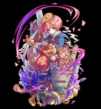 1girl beret black_background blue_boots blue_neckerchief blue_shirt blue_sweater blush boots breasts brown_gloves brown_hat brown_pants crystal full_body gears gloves hair_between_eyes hair_ribbon hat highres holding holding_pickaxe house long_sleeves merc_storia merc_storia_art_team minecart motion_lines neckerchief official_art pants parted_lips pickaxe pink_hair pink_ribbon purple_eyes rabbit railroad_tracks ribbon shirt short_hair simple_background sitting small_breasts solo standing steam stuffed_toy sweater sweater_under_shirt tachi-e tareme toromoco_(merc_storia) turtleneck turtleneck_sweater