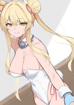 Rule 34 | 1girl, absurdres, areola slip, be9459, blonde hair, blue gloves, breasts, character request, commentary request, copyright request, covered navel, detached collar, double bun, gloves, hair bun, highres, large breasts, leotard, long hair, mole, mole on breast, original, playboy bunny, solo, standing, strapless, strapless leotard, textless version, twintails, white wrist cuffs, wrist cuffs, yellow eyes