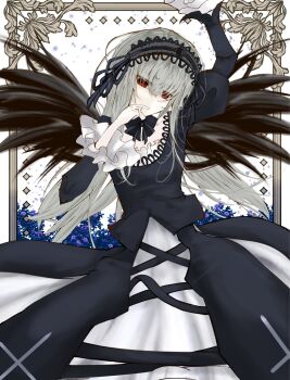 bad_tag black_bow black_flower black_jacket black_ribbon black_rose black_wings bow flower goth_fashion gothic_lolita hand_on_own_face highres jacket lolita_fashion looking_at_viewer painting_(object) pale_skin picture_frame purple_flower purple_rose red_eyes reversed_cross ribbon rose rozen_maiden small_hands suigintou white_hair wings
