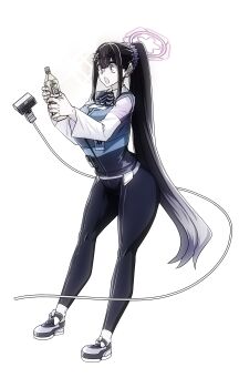 1girl absurdres barcode_scanner black_hair black_pants blue_archive bottle breasts employee_uniform eyebrows_hidden_by_hair from_side full_body hair_ornament hair_scrunchie highres holding holding_bottle large_breasts lazy_ant long_hair looking_at_another open_mouth pale_skin pants plastic_bottle ponytail purple_eyes scrunchie shoes simple_background sneakers solo sumire_(blue_archive) surprised very_long_hair white_background