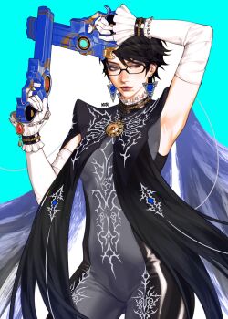 1girl bayonetta bayonetta_(series) black_hair bodysuit cowboy_shot glasses gloves gun highres koro_dou lipstick makeup mole mole_under_mouth nose realistic short_hair solo weapon