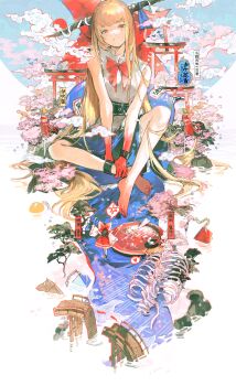 3girls absurdres alcohol alternate_size anger_vein barefoot black_bow blonde_hair blood blood_on_feet blood_on_hands blue_skirt bone bow bowtie bridge brown_horns chinese_commentary closed_mouth commentary_request cuffs cui_suika cup detached_sleeves frilled_bow frills giant giantess gourd hair_bow hakurei_reimu hat hat_bow heart highres horns ibuki_suika kirisame_marisa long_hair multiple_girls oni puff_of_air red_bow red_bowtie red_eyes red_skirt ribbon-trimmed_sleeves ribbon_trim ribs sakazuki sake shackles sitting skirt skirt_set spoken_anger_vein spoken_heart toes torii touhou translation_request white_bow witch_hat