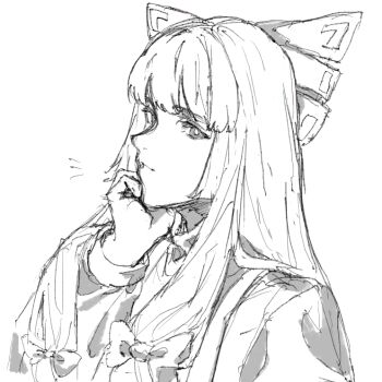 1girl bow fujiwara_no_mokou greyscale hair_bow hair_ribbon hand_on_own_face long_hair looking_at_viewer monochrome notice_lines oftooon ribbon simple_background solo touhou white_background