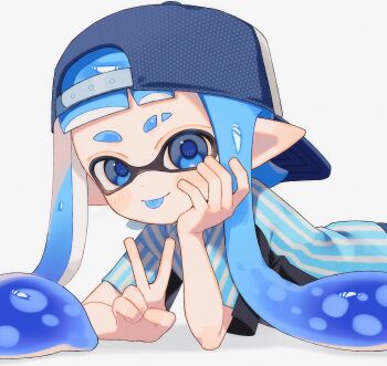 1girl :p backwards_hat baseball_cap blue_eyes blue_pupils blue_shirt commentary eyebrow_cut greek_commentary hat highres inkling inkling_girl inkling_player_character long_hair looking_at_viewer lying nintendo on_stomach pointy_ears sabata_saba shirt simple_background solo splatoon_(series) striped_clothes striped_shirt tentacle_hair tongue tongue_out v white_background