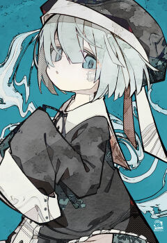 Rule 34 | 1girl, absurdres, aqua hair, artist logo, black dress, black ribbon, blue background, blue eyes, buttons, center frills, collared shirt, commentary, cowboy shot, dress, frilled dress, frills, gauze, gauze on cheek, gauze on neck, hair between eyes, hat, hat ribbon, highres, logo, long sleeves, neck ribbon, open mouth, original, parted lips, ribbon, shirt, short hair, sleeves past fingers, sleeves past wrists, solo, soresaki, variant set, white ribbon