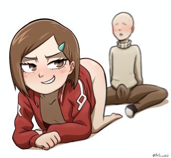 1boy 1girl aged_down all_fours artist_name blush bottomless bulge collarbone erection erection_under_clothes eyebrows eyelashes faceless faceless_male flat_chest full_body grin hair_ornament hairclip hetero highres jacket jujutsu_kaisen kugisaki_nobara loli long_sleeves looking_at_another looking_back medium_hair mesugaki mr_snowkell naughty_face no_bra open_clothes open_jacket presenting red_jacket simple_background smile smug solo_focus teeth white_background