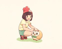 1girl :d animated beanie bird black_hair blue_eyes commentary_request floral_print gen_7_pokemon hat headpat kneeling left-handed nintendo open_mouth owl pokemon pokemon_(creature) pokemon_sm red_hat rowlet saino_misaki selene_(pokemon) shirt shoes short_hair short_shorts shorts simple_background smile sneakers squishing swept_bangs t-shirt tagme tied_shirt ugoira video wide_sleeves yellow_shirt