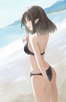 1girl absurdres arknights back bare_shoulders beach bikini black_bikini black_hair breasts closure_(arknights) from_behind highres index_finger_raised looking_at_viewer medium_breasts medium_hair open_mouth pointy_ears red_eyes shizuyumemi solo swimsuit water