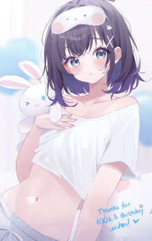 1girl :< artist_self-insert bare_shoulders black_hair blurry blurry_background blush closed_mouth collarbone commentary crop_top cropped_shirt deyui deyuni dot_nose english_commentary green_eyes grey_pants hair_ornament happy_birthday highres light_frown looking_at_viewer midriff navel off_shoulder original pants shirt short_hair short_sleeves sleep_mask solo stuffed_animal stuffed_cat stuffed_rabbit stuffed_toy upper_body white_shirt x_hair_ornament