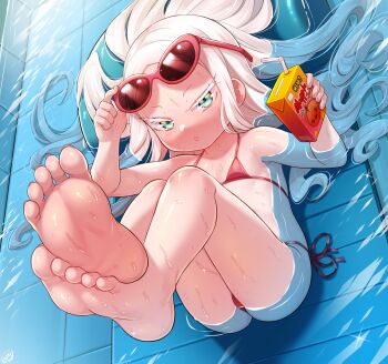1girl aqua_eyes arianna_seya(born-to-die) barefoot bikini born-to-die closed_mouth colored_eyelashes commentary crossed_ankles drink drink_carton drinking_straw dutch_angle english_commentary expressionless eyelashes eyewear_on_head feet feet_up female_focus flat_chest foot_focus forehead full_body gradient_eyes hair_spread_out highres holding holding_drink juice_box legs_up loli long_hair looking_at_viewer lying microphone multicolored_eyes on_back on_floor original partially_submerged pool red-framed_eyewear red_bikini shallow_water soles solo sunglasses sunglasses_on_head swimsuit thighs toenails toes tsurime water wet white_hair yellow_eyes
