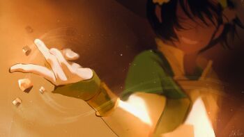 1girl aklirkiefer artist_name avatar:_the_last_airbender avatar_legends black_hair blind commentary element_bending floating_rock geokinesis green_hairband hair_bun hairband highres signature single_hair_bun solo toph_beifong