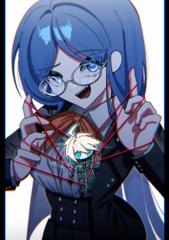 1boy 1girl ahoge android armor blue_eyes blue_hair bow collared_shirt commentary danganronpa_(series) danganronpa_v3:_killing_harmony eyelashes glasses glitch hands_up highres holding jacket k1-b0 long_hair long_sleeves looking_at_viewer lv_k1b0 open_mouth power_armor puppet_strings red_bow ringed_eyes round_eyewear school_uniform shirogane_tsumugi shirt short_hair size_difference smile spoilers string string_of_fate symbol-only_commentary teeth upper_body very_long_hair white_background white_hair