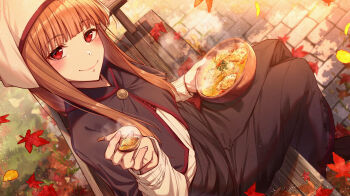 autumn_leaves bench brown_hair food highres holo leaf long_hair long_skirt marutenmaruten medieval on_bench red_eyes sitting skirt smile soup spice_and_wolf spoon wolf_girl wooden_bowl wooden_spoon