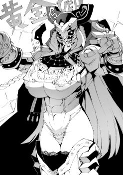 1girl abs absurdres armor arms_up bikini braid breasts cape covered_erect_nipples diffraction_spikes duel_monster eldlich_the_golden_lord extra_eyes female_pubic_hair gauntlets gem genderswap genderswap_(mtf) glint glowing glowing_eyes greaves greyscale helmet highres jewelry large_breasts lipstick long_hair makeup micro_bikini monochrome navel nipple_slip nipples parted_lips pauldrons pinky_ring pobotto pubic_hair pubic_hair_peek ring shoulder_armor smile solo swimsuit thighhighs thumb_ring toned yu-gi-oh!