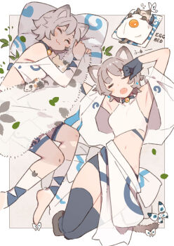 1girl :3 :o ^_^ animal_ears animalization bell blue_collar blue_gloves blue_shorts blue_socks blue_thighhighs blue_tube_top blue_wrist_cuffs border bow_legwear brown_background brown_shoes bug butterfly calico_(pattern) calico_cat cat_ears cat_girl cat_ornament cat_tail check_clothing check_commentary closed_eyes closed_mouth clothing_request collar commentary commentary_request double-parted_bangs egg_print english_commentary english_text from_above fur_blanket gloves grey_hair hair_between_eyes heart highres insect leaf long_sleeves midriff mixed-language_commentary mixed-language_text multilingual_commentary multiple_views navel neck_bell open_mouth original person_and_animalization pillow shoes short_hair shorts simple_background sleeping sleepy socks spiked_hair spiral squeans strapless stretching tail thighhighs translation_request tsukudani_yosuke tube_top two-tone_shorts two-tone_socks two-tone_tube_top two-tone_wrist_cuffs white_border white_shorts white_sleeves white_socks white_tube_top white_wrist_cuffs wrist_cuffs yawning