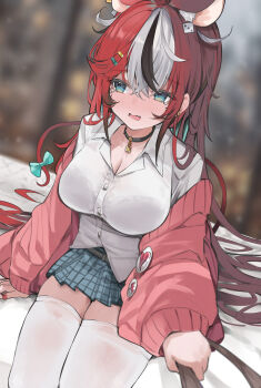 1girl animal_ears appleseed_(appleseed_art) black_hair blue_eyes breasts cardigan cleavage collar commentary_request fang hakos_baelz highres hololive hololive_english large_breasts mouse_ears multicolored_hair off_shoulder open_mouth pink_cardigan pleated_skirt red_hair red_nails school_uniform skirt solo streaked_hair tearing_up thighhighs virtual_youtuber white_hair white_thighhighs