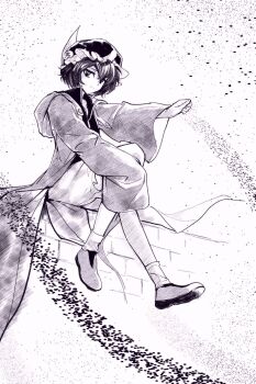 1other androgynous ankle_socks boots brick_wall buttons chinese_commentary closed_mouth coattails collared_shirt commentary commentary_request crosshatching detached_hood english_commentary frilled_headwear frilled_shorts frills full_body hair_between_eyes hand_on_own_knee happy hat hatching_(texture) high_collar highres hood hood_down hooded_jacket jacket len&#039;en long_sleeves looking_at_viewer mixed-language_commentary mob_cap monochrome on_wall open_clothes open_jacket other_focus outstretched_arm puffy_shorts purple_theme shirt shitodo_kuroji short_hair shorts sitting sleeves_past_fingers sleeves_past_wrists smile socks solo triangular_headpiece white_background wide_sleeves yancao_(pixiv_103434280) zipper