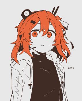 1girl a.i._voice adachi_rei bbyong403 black_sweater character_name closed_mouth drawstring grey_background hair_between_eyes hair_ribbon headlamp headset highres hood hooded_jacket jacket looking_at_viewer open_clothes open_jacket orange_eyes orange_hair ribbon simple_background solo sweater turtleneck turtleneck_sweater upper_body utau white_jacket