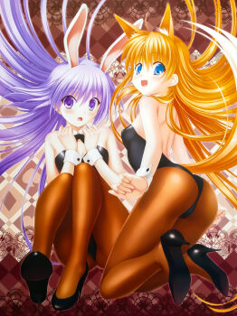 2girls :d absurdres angel_beats! animal_ears backless_outfit black_footwear black_leotard black_neckwear blonde_hair blue_eyes blush breasts brown_background brown_legwear cleavage covered_erect_nipples detached_collar fake_animal_ears floating_hair fox_ears hair_between_eyes high_heels highres irie_miyuki kneeling leotard long_hair looking_at_viewer multiple_girls na-ga nontraditional_playboy_bunny open_mouth pantyhose playboy_bunny pump pumps purple_eyes rabbit_ears sekine_shiori shoulder_blades sideboob silver_hair sitting small_breasts smile striped_clothes striped_leotard very_long_hair wing_collar