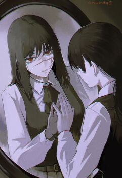 1girl artist_name black_hair chainsaw_man cross_scar facial_scar highres looking_at_mirror mirror mitaka_asa ringed_eyes scar scar_on_cheek scar_on_face scar_on_nose signature tomatoketchup96 yoru_(chainsaw_man)