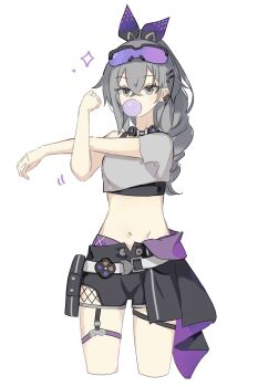 1girl akizuwa black_shorts black_sports_bra blowing_bubble_gum chewing_gum crop_top cropped_legs cross-body_stretch crossed_bangs drill_hair drill_ponytail goggles goggles_on_head grey_eyes grey_hair hair_between_eyes highres honkai:_star_rail honkai_(series) long_hair looking_at_viewer midriff navel no_jacket ponytail purple-tinted_eyewear shirt short_sleeves shorts silver_wolf_(honkai:_star_rail) simple_background solo sports_bra stretching thigh_strap tinted_eyewear white_background white_shirt