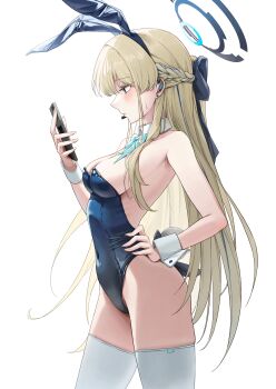1girl 4meart0112 absurdres animal_ears aqua_bow aqua_bowtie blonde_hair blue_archive blue_eyes blue_hairband blue_halo blue_leotard blue_streaks blush bow bowtie breasts cellphone cleavage collar commentary cowboy_shot detached_collar fake_animal_ears fake_tail fingernails from_side hairband halo hand_on_own_hip headset highleg highleg_leotard highres holding holding_phone large_breasts leotard long_hair looking_at_phone multicolored_hair navel phone playboy_bunny rabbit_ears rabbit_tail simple_background solo standing strapless strapless_leotard streaked_hair sweat tail thighhighs toki_(blue_archive) toki_(bunny)_(blue_archive) untranslatable_commentary white_background white_collar white_thighhighs white_wrist_cuffs wrist_cuffs
