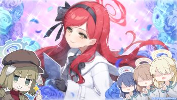 5girls animal_ears black_gloves black_hairband blonde_hair blue_archive blue_flower blue_hair blue_halo blue_rose blue_sailor_collar blush book brown_hair brown_hat flower gloves green_eyes green_hair hairband halo hat highres holding holding_book jacket long_hair long_sleeves looking_at_viewer medium_hair multiple_girls newsboy_cap nijihashi_sora official_art own_hands_clasped own_hands_together red_hair red_halo red_sweater rose sailor_collar smile sparkle sweater takane_(blue_archive) thumbs_up trinity_student_(blue_archive) turtleneck turtleneck_sweater upper_body white_jacket yakumo_(blue_archive) yellow_eyes yellow_halo