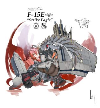 1girl absurdres aircraft airplane ass character_name f-15_eagle fighter_jet highres kerry_leng kneeling looking_at_viewer machine mecha mecha_musume military_vehicle missiles original pantyhose personification red_hair robot signature simple_background solo war_thunder yellow_eyes