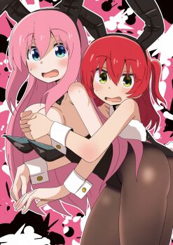 Rule 34 | 2girls, absurdres, bambi2000line, black background, black bow, black bowtie, blue eyes, blush, bocchi the rock!, bow, bowtie, caught, embarrassed, eyebrows hidden by hair, gotoh hitori, grabbing another's breast, groping, highres, kita ikuyo, long hair, looking at viewer, multiple girls, pink background, pink hair, playboy bunny, red hair, splatter background, sweat, white background, yellow eyes, yuri