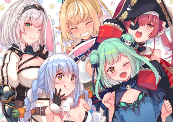 5girls :p absurdres animal_ears arrow_(symbol) arrow_through_heart bicorne black_coat black_hat blush braid breasts brown_hair carrot_hair_ornament cleavage coat commentary_request cropped_jacket dark-skinned_female dark_elf dark_skin don-chan_(usada_pekora) donut double_bun dress elf eyepatch fang fingerless_gloves flat_chest food food-themed_hair_ornament fur-trimmed_dress fur_trim gloves green_hair grey_hair hair_bun hair_ornament hat headband highres hololive hololive_fantasy houshou_marine houshou_marine_(1st_costume) jacket large_breasts leotard leotard_under_clothes long_hair mole mole_on_breast multiple_girls one_eye_closed open_mouth pirate_hat pointy_ears rabbit_ears rabbit_girl red_jacket shiranui_flare shiranui_flare_(old_design) shirogane_noel shirogane_noel_(1st_costume) short_hair skull_hair_ornament sleeveless sleeveless_jacket small_breasts tonarikeru tongue tongue_out twin_braids uruha_rushia uruha_rushia_(1st_costume) usada_pekora usada_pekora_(1st_costume) virtual_youtuber white_dress white_hair