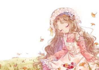 1girl apple apron autumn_leaves blue_flower brown_hair buji cherry closed_eyes closed_mouth code_geass curtained_hair dated dress flower food frilled_sleeves frills fruit hair_flower hair_ornament head_tilt highres leaf light_particles long_hair long_sleeves maid_apron maid_headdress nunnally_vi_britannia object_on_lap on_grass pink_dress sitting skirt_hold smile solo very_long_hair white_apron white_background