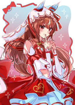 Rule 34 | 1girl, absurdres, blush, breasts, brown hair, closed mouth, commentary request, detached sleeves, finger to mouth, hair between eyes, hair ornament, highres, horse girl, looking at viewer, morizu929, red eyes, small breasts, smile, solo, still in love (scarlet vow raiment) (umamusume), still in love (umamusume), umamusume, veil, white background