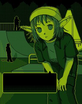 1girl absurdres animated animated_gif aseprite_(medium) beanie choker commentary dithering dot_nose ear_piercing earrings elf english_commentary english_text face_piercing green_theme hand_on_own_knee hat highres jewelry lamppost laughing lip_piercing looking_at_viewer medium_hair monochrome mousecenter night original outdoors pants park people piercing pixel_art pointy_ears profanity shirt short_sleeves skate_park solo_focus speech_bubble talking teasing