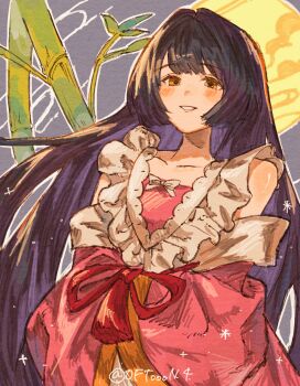 1girl absurdres adapted_costume artist_name bamboo bare_shoulders black_hair blunt_bangs blush bow chest_bow colored_inner_hair commentary_request detached_sleeves dress egasumi frills full_moon grey_background hands_in_opposite_sleeves highres houraisan_kaguya long_hair long_sleeves looking_at_viewer moon multicolored_hair oftooon orange_eyes pink_dress pink_sleeves purple_hair red_ribbon ribbon sleeveless sleeveless_dress smile solo sparkle standing tassel teeth touhou very_long_hair white_bow wide_sleeves yellow_moon