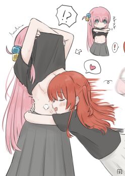 !? 2girls absurdres black_shirt blue_eyes bocchi_the_rock! breasts closed_eyes clothes_lift commentary_request cube_hair_ornament gotoh_hitori grey_skirt haco_(user_usmg5523) hair_ornament heart highres hug kita_ikuyo large_breasts long_hair multiple_girls one_side_up open_mouth pink_hair pleated_skirt red_hair shirt shirt_lift simple_background skirt smile spoken_heart spoken_interrobang white_background yuri