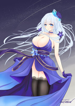 Rule 34 | 1girl, azur lane, bare shoulders, blue eyes, blue flower, breasts, cleavage, criss-cross halter, dress, evening gown, flower, gloves, gold trim, hair flower, hair ornament, halter dress, halterneck, highres, illustrious (azur lane), illustrious (never-ending tea party) (azur lane), lace, lace-trimmed thighhighs, lace trim, large breasts, livetarica, long hair, looking at viewer, mole, mole under eye, night, night sky, official alternate costume, outdoors, purple dress, purple flower, purple gloves, purple ribbon, ribbon, signature, sky, sleeveless, sleeveless dress, solo, thighhighs, tri tails, very long hair, white hair