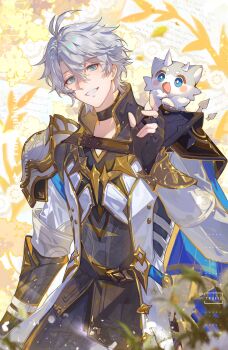 1boy absurdres antenna_hair armor black_choker black_gloves black_shirt blue_cape blue_eyes cape chimera_(honkai:_star_rail) chinese_commentary choker coat commentary_request cowboy_shot creature creature_on_shoulder fingerless_gloves gloves highres honkai:_star_rail honkai_(series) jyisheng male_focus neck_tattoo on_shoulder parted_bangs pauldrons phainon_(honkai:_star_rail) phainon_(vigethos)_(honkai:_star_rail) shirt short_hair shoulder_armor single_pauldron solo sun_symbol sun_tattoo tan tattoo watermark white_coat white_hair