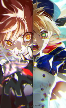 2girls artoria_caster_(fate) artoria_caster_(second_ascension)_(fate) artoria_pendragon_(fate) blonde_hair blood bloody_tears blue_cape blue_headwear cape clenched_teeth command_spell commentary_request constricted_pupils fate/grand_order fate_(series) fujimaru_ritsuka_(female) green_eyes hanako_(onikutabetaiyo) hood hooded_cape multiple_girls nosebleed open_mouth orange_eyes orange_hair split_screen teeth upper_body