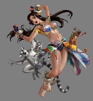 1girl absurdres artist_request bare_shoulders barefoot black_hair black_shorts breasts chameleon cleavage dark-skinned_female dark_skin fingerless_gloves floral_bikini floral_print floral_print_bikini floral_print_bikini_top gloves grey_background hair_ribbon highres large_breasts lemur miary_zo mma_gloves namco navel official_art padded_gloves print_bikini red_eyes ribbon sarong short_shorts shorts source_request tekken tekken_8 yellow_hair_ribbon yellow_ribbon yellow_toenails