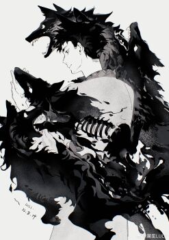 1boy absurdres animal animal_ears black_fur chinese_commentary commentary_request cowboy_shot dated grey_background greyscale hand_up highres looking_to_the_side luli_(crocowolf333) male_focus monochrome open_mouth original sharp_teeth short_hair simple_background solo spirit teeth very_short_hair watermark weibo_watermark wolf wolf_boy wolf_ears