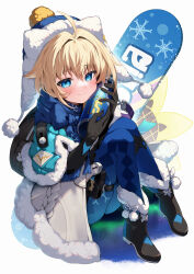 Rule 34 | 1girl, black bag, black footwear, black gloves, blonde hair, blue capelet, blue eyes, blue hat, blue pantyhose, blue scarf, boots, capelet, closed mouth, coat, commentary request, full body, fur-trimmed boots, fur-trimmed capelet, fur-trimmed coat, fur-trimmed headwear, fur trim, gloves, grey coat, hat, highres, holding thermos, honkai: star rail, honkai (series), knees up, looking at viewer, lynx landau, nakabayashi zun, pantyhose, pouch, scarf, short hair, simple background, sitting, smile, snowboard, solo, thigh pouch, white background