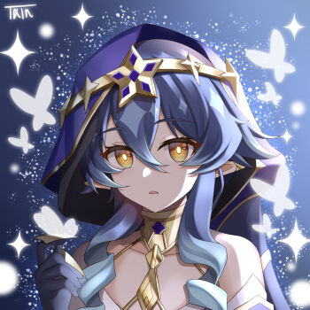 1girl absurdres animal bare_shoulders blue_gloves blue_hair brown_eyes bug butterfly commentary_request genshin_impact gloves hair_between_eyes hand_up highres insect layla_(genshin_impact) long_hair looking_at_viewer parted_lips pointy_ears ringlets solo txin_xin upper_body veil