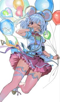 1girl animal_ears balloon boots cropped_jacket fake_animal_ears foot_out_of_frame granblue_fantasy hair_ornament hairband hairclip hashibiro_kou_(garapiko_p) hat highres holding holding_balloon jacket looking_at_viewer miniskirt mouse_(animal) mouse_ears one_eye_closed open_mouth petticoat pink_skirt pink_thighhighs red_eyes shirt short_hair short_sleeves skirt smile solo thighhighs vikala_(granblue_fantasy) vikala_(parade_master)_(granblue_fantasy) white_background white_boots white_hair white_hat white_jacket white_shirt wrist_cuffs