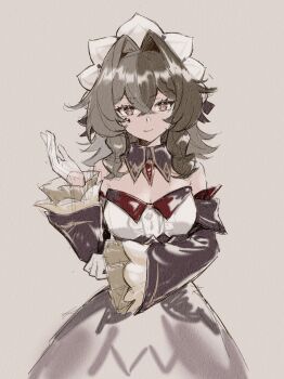 1girl bare_shoulders breasts brown_hair chinese_commentary cleavage commentary_request cosplay detached_sleeves dress enioreh genshin_impact gloves grey_eyes highres honkai_(series) honkai_impact_3rd large_breasts looking_at_viewer medium_hair mihoyo sandrone_(genshin_impact) sandrone_(genshin_impact)_(cosplay) simple_background smile solo vill-v white_dress white_gloves white_headdress