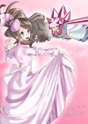 1girl :d bad_id bad_twitter_id blush bow brown_hair clenched_hand clothes_lift commentary_request diancie dress dress_lift frills gen_6_pokemon harota_615 hat highres hilda_(pokemon) hilda_(special_costume)_(pokemon) legendary_pokemon long_hair long_sleeves mini_hat mythical_pokemon nintendo official_alternate_costume open_mouth pink_background pink_headwear pokemon pokemon_(creature) pokemon_masters_ex sidelocks smile teeth tongue white_bow